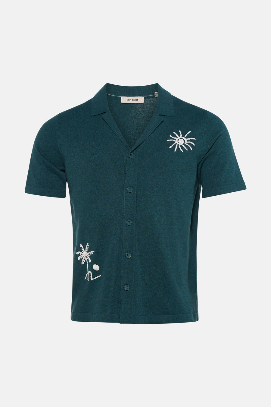 Groene korte mouwen trui met knopen van ONLY & SONS®, wit geborduurde zon en palmboom, front view