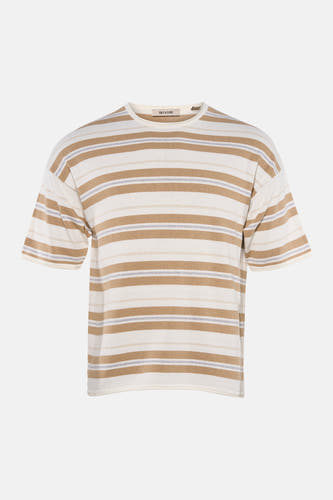 T-shirt rayé en blanc, beige, marron et gris de ONLY & SONS® à manches courtes et col rond.