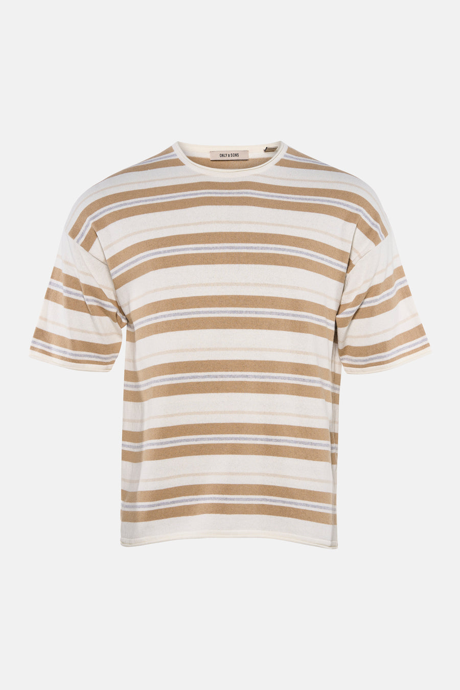 T-shirt rayé en blanc, beige, marron et gris de ONLY & SONS® à manches courtes et col rond.