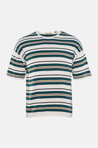 T-shirt rayé ONLY & SONS avec de larges bandes blanches et vertes, alternant avec de fines rayures marron et noires, et un col rond.
