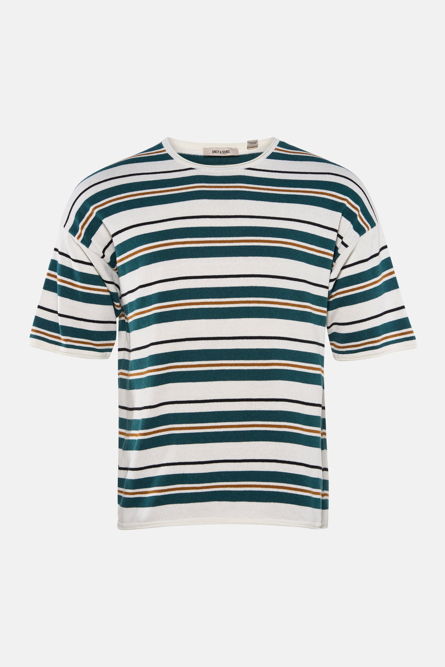 T-shirt rayé ONLY & SONS avec de larges bandes blanches et vertes, alternant avec de fines rayures marron et noires, et un col rond.