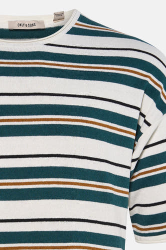 T-shirt rayé blanc et vert foncé de ONLY & SONS, avec des rayures d'accentuation marron et noires et des manches courtes.