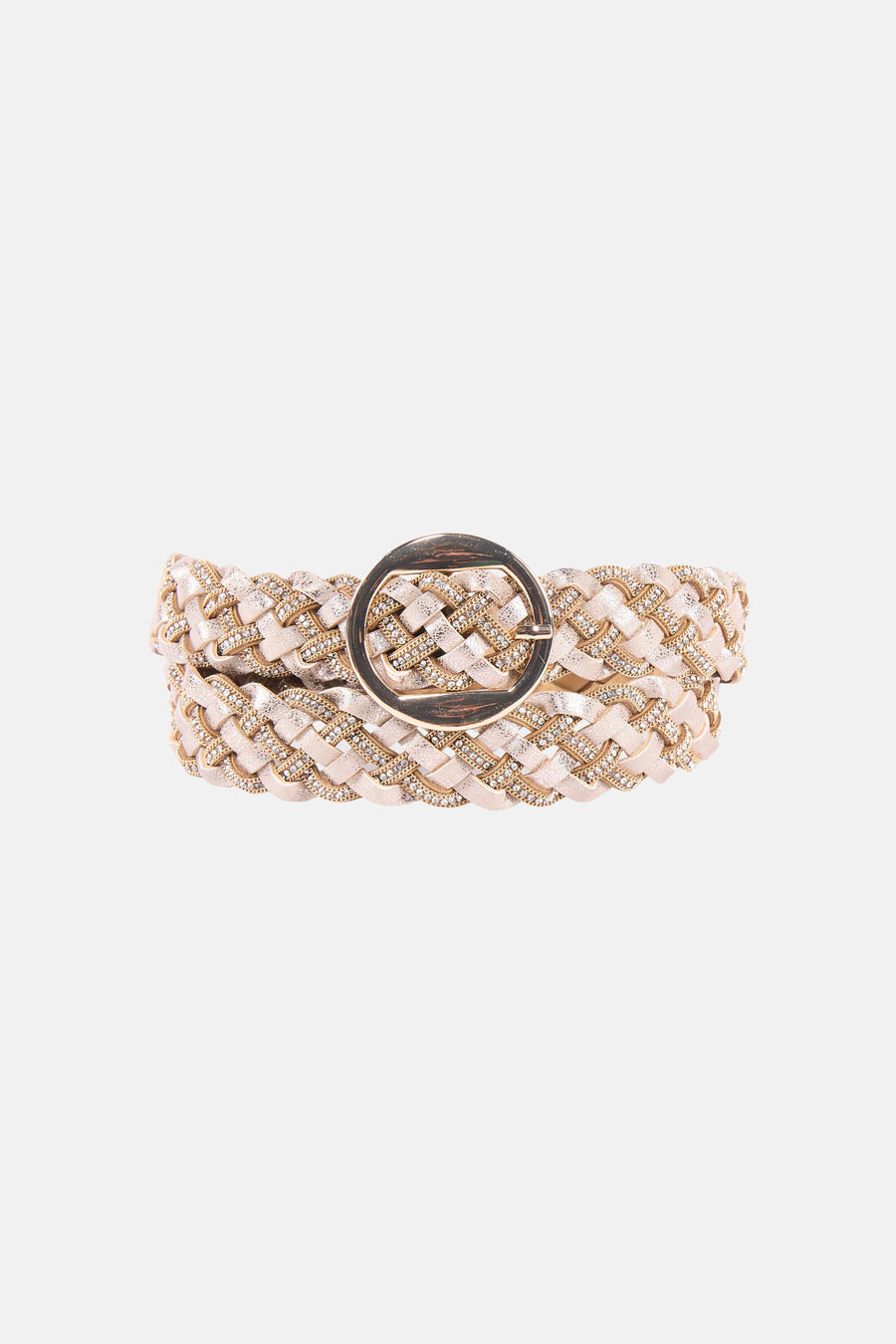 Ceinture en or de Morgan De Toi, avec un motif tressé, des détails strass et une boucle en or.