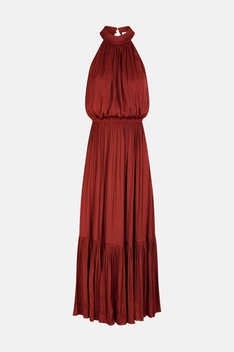 Robe longue sans manches Morgan De Toi en brique avec col licou, taille élastique et volants à l'ourlet.
