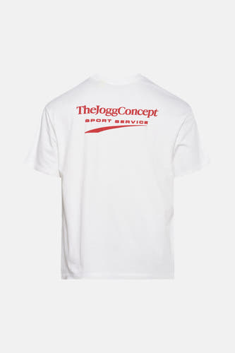 T-shirt blanc à manches courtes de THEJOGGCONCEPT, avec une impression rouge sur le dos.