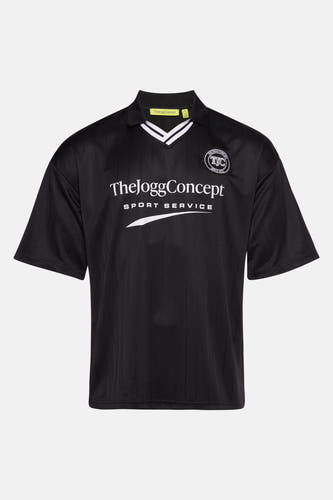 T-shirt noir à manches courtes de THEJOGGCONCEPT, avec des détails blancs sur la en et le logo.