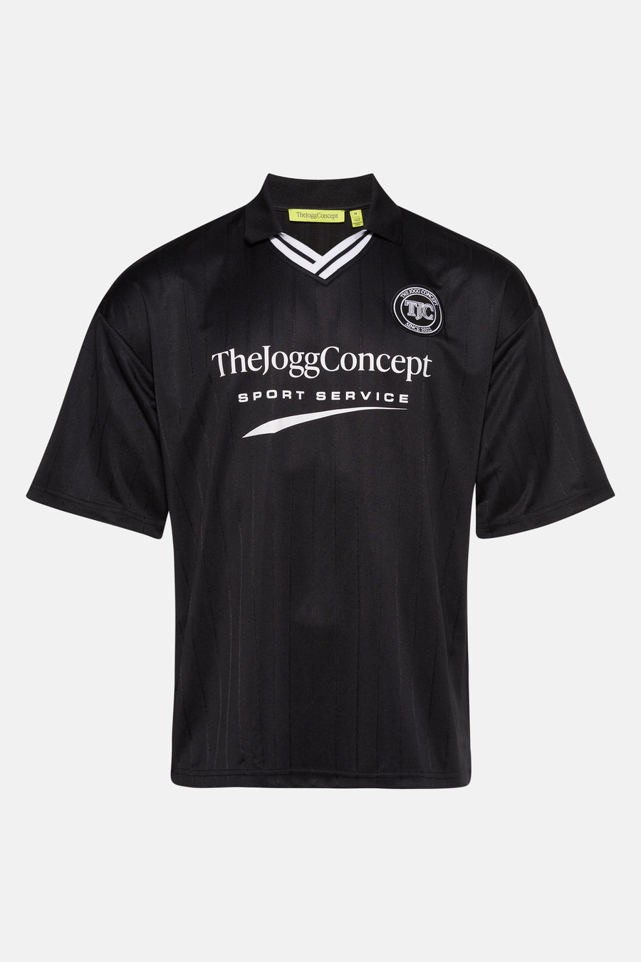 T-shirt noir à manches courtes de THEJOGGCONCEPT, avec des détails blancs sur la en et le logo.