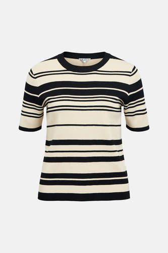 Pull multicolore à col rond de OBJECT, avec des rayures horizontales noires et crème.