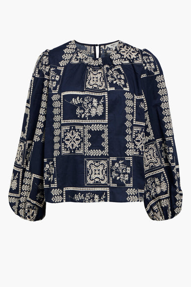 Blouse bleue à longues manches d'OBJECT, avec des motifs carrés brodés sur toute la surface.