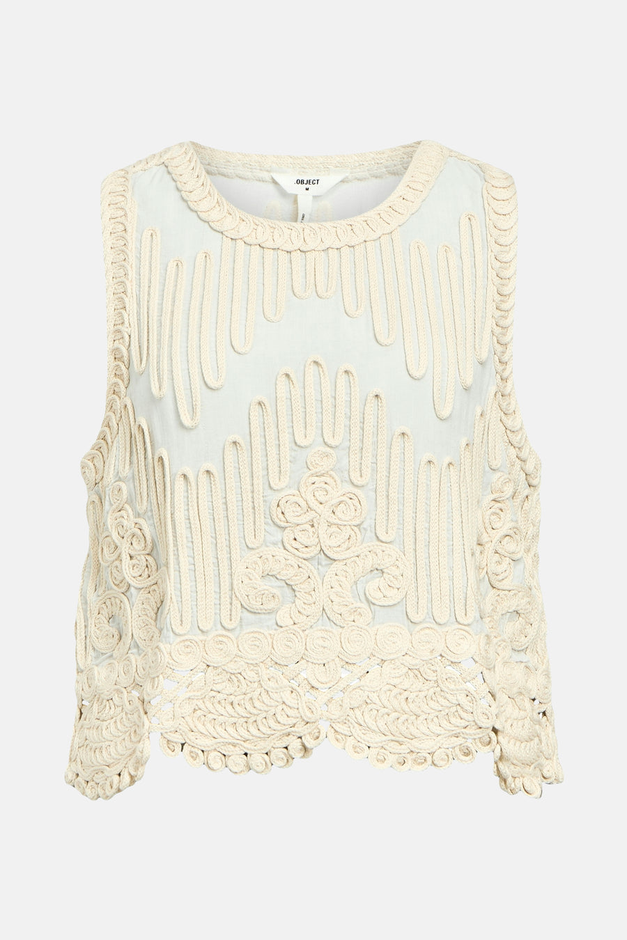 Mouwloze crème top met haakwerk.