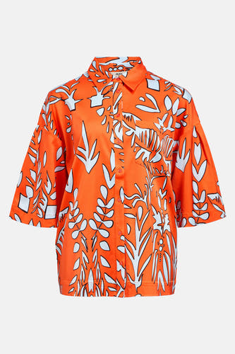 Chemise orange à manches courtes d'OBJECT, avec des motifs de feuilles blanches et une fermeture à boutons.