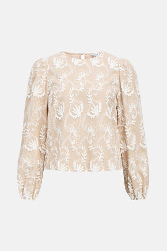 Blouse beige à longues manches d'OBJECT, ornée d'un motif floral blanc.