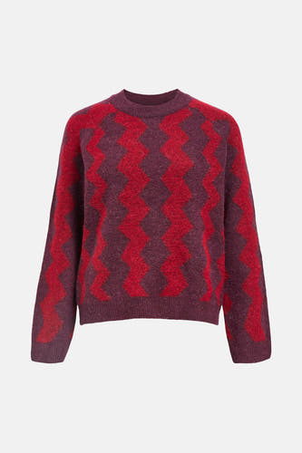 Pull-over rouge avec col rond d'OBJECT, avec un motif zigzag en couleurs rouges et violettes.