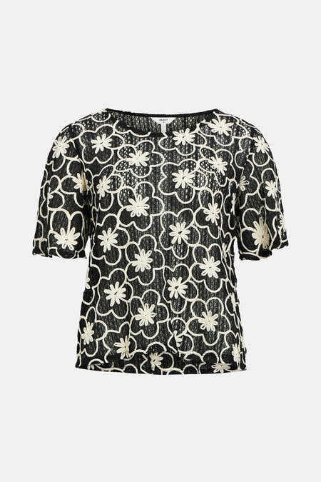 T-shirt noir à manches courtes d'OBJECT, avec un motif de fleurs écru frappant.