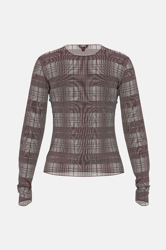 Bordeaux t-shirt met lange mouwen van OBJECT, met een all-over geruit patroon en strakke pasvorm.