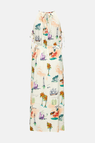 Multikleurige jurk met lange mouwen van OBJECT, met een print van palmbomen, boten en vuurtorens.
