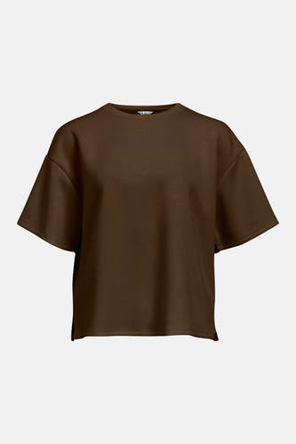 Bruine oversized sweater van OBJECT, ronde hals, korte mouwen, gladde stof, front view
