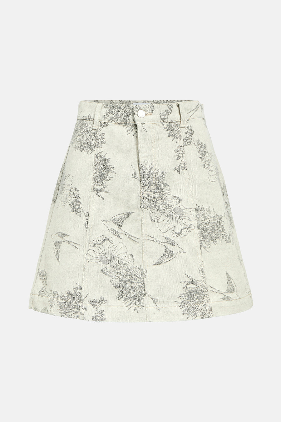 Robe courte écru d'OBJECT, avec un motif de fleurs et d'oiseaux.
