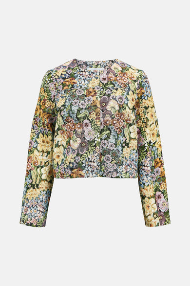 Manteau court multicolore d'OBJECT, avec un motif floral sur toute la surface en jaune, bleu et violet.