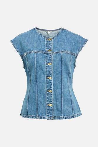Chemise en denim bleu moyen, d'OBJECT, avec des boutons dorés et des points décoratifs.