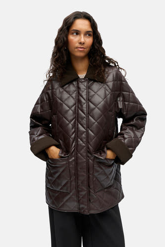 Manteau court brun d'OBJECT, avec motif diamant, col en corduroy et poches.