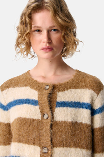 Gilet multicolore d'OBJECT, avec un motif rayé en brun, blanc et bleu, et fermeture à boutons.