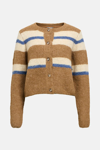 Gilet multicolore d'OBJECT, avec une structure de côtes grossière et des rayures brunes, beige et bleues.