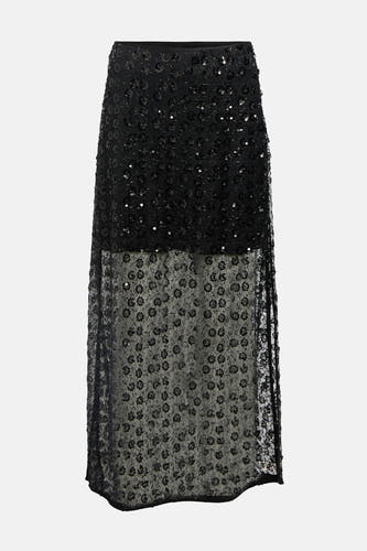 Robe longue noire d'OBJECT, avec paillettes et motif floral, terminée par une base transparente.