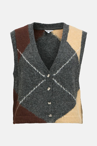 Gilet gris d'OBJECT, avec un motif de fenêtre en brun et beige, et fermeture à boutons.