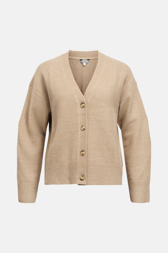 Beige wollen cardigan met V-hals en knoopsluiting.
