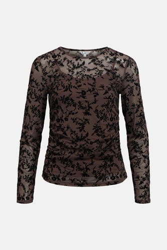 Manche à longs manches brune d'OBJECT, avec une impression de fleurs noires en velours et un détail plissé à l'avant.