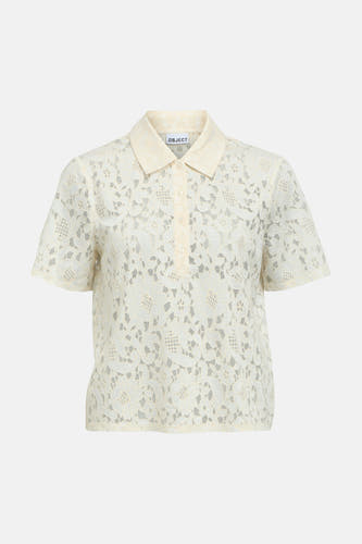 Polo écru à manches courtes de OBJECT, avec dentelle florale et fermeture à boutons.