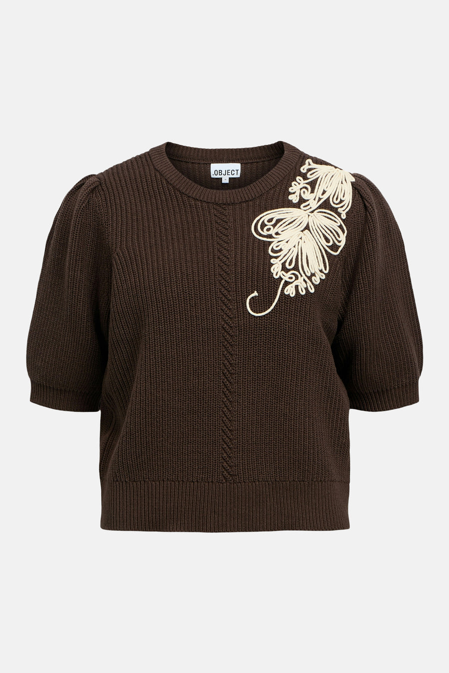 Pull marron d'OBJECT avec manches courtes bouffantes et broderies blanches décoratives sur la poitrine.