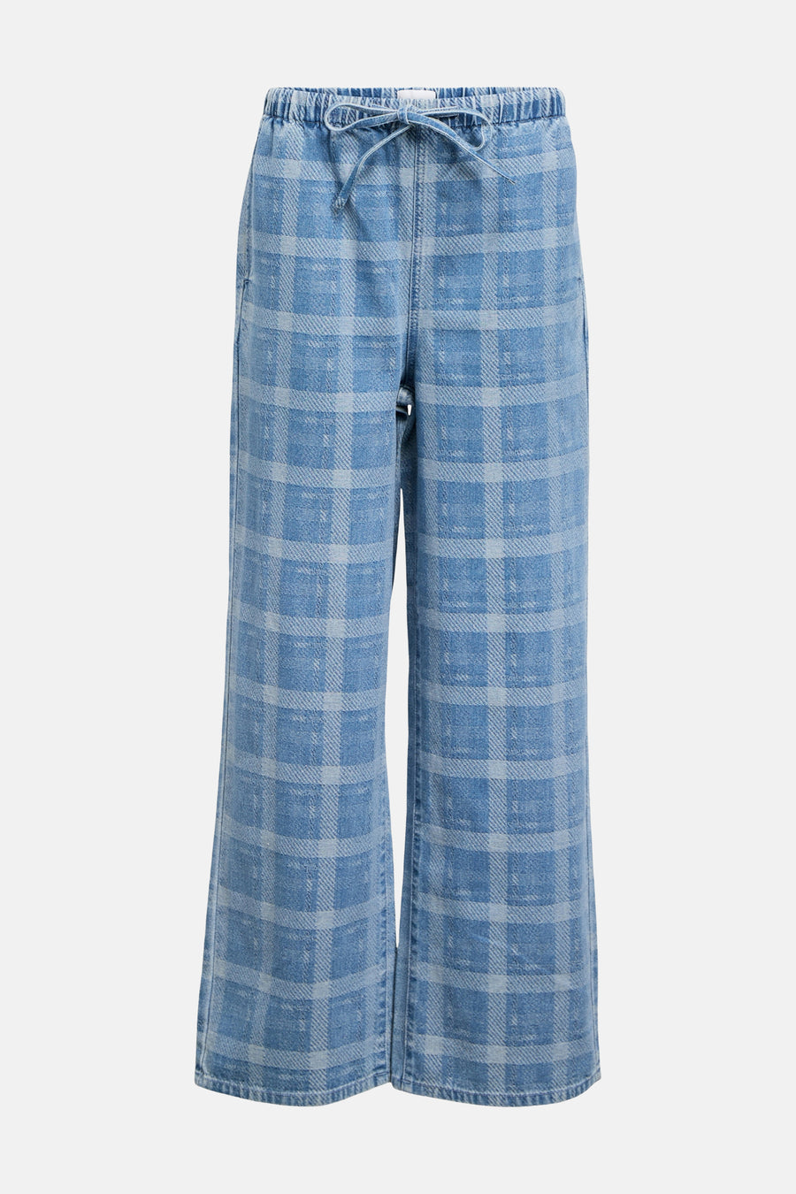 Jean large bleu d'OBJECT, à motif à carreaux, avec une taille élastique et un cordon de serrage.