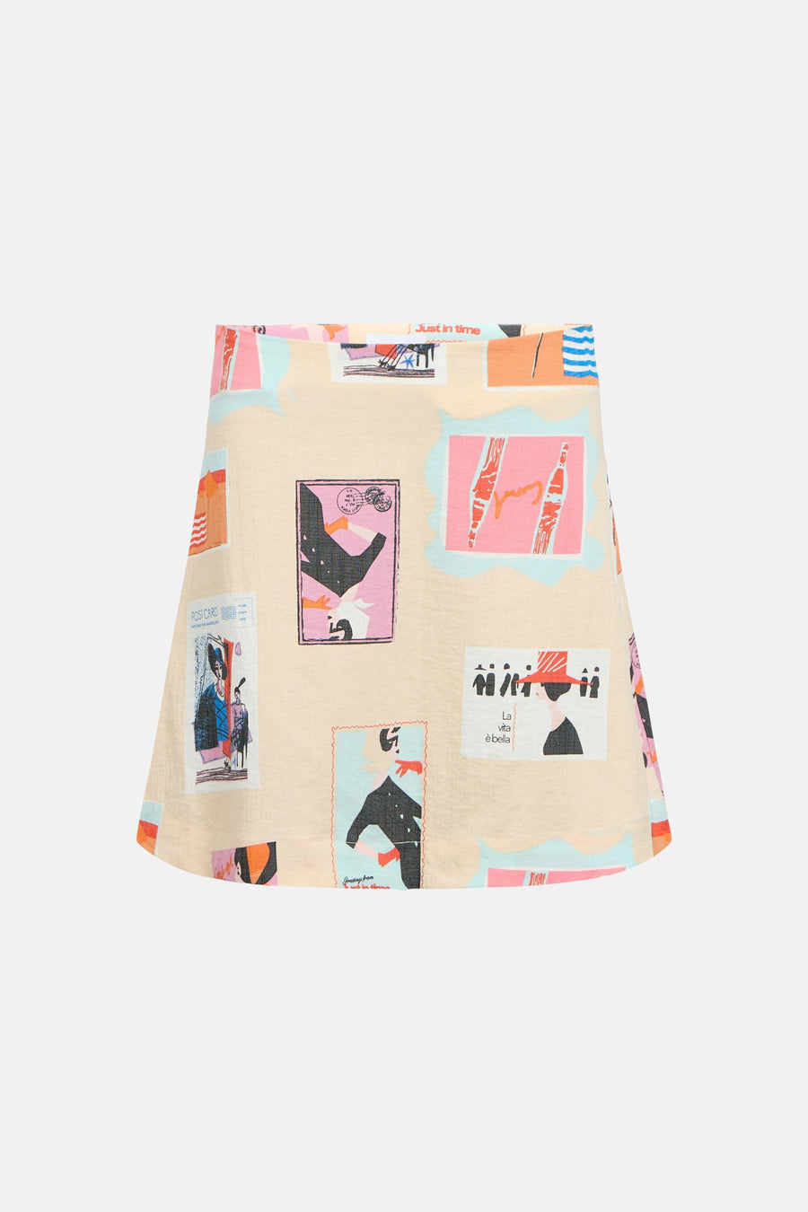 Jupe multicolore d'OBJECT avec un fond beige et diverses impressions de timbres vintage.