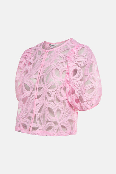 Blouse rose à manches courtes d'OBJECT, avec des détails sur les bords et une fermeture à boutons.