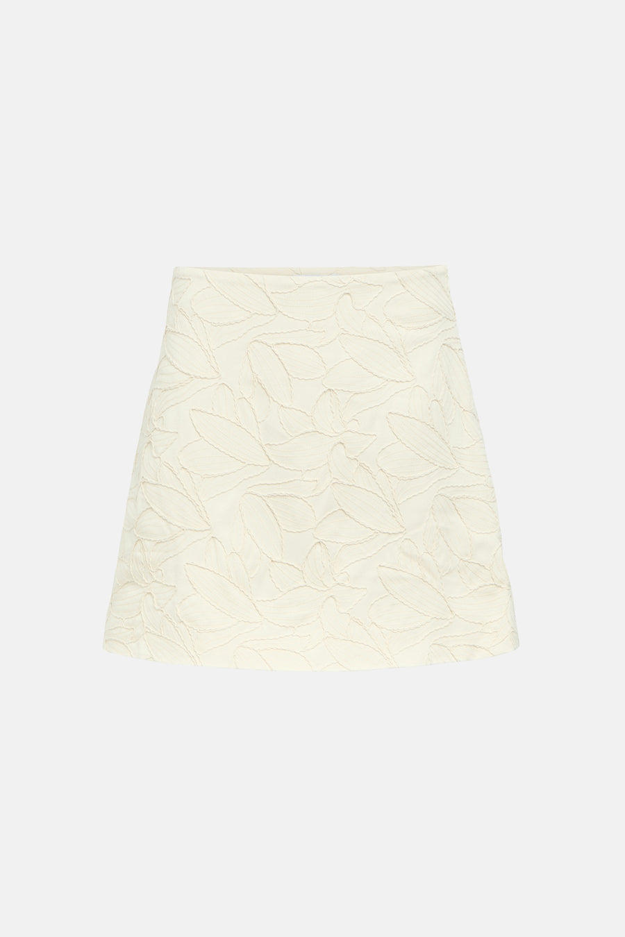 Jupe écru d'OBJECT, avec un motif de surpiqûres en forme de feuille et une coupe courte.