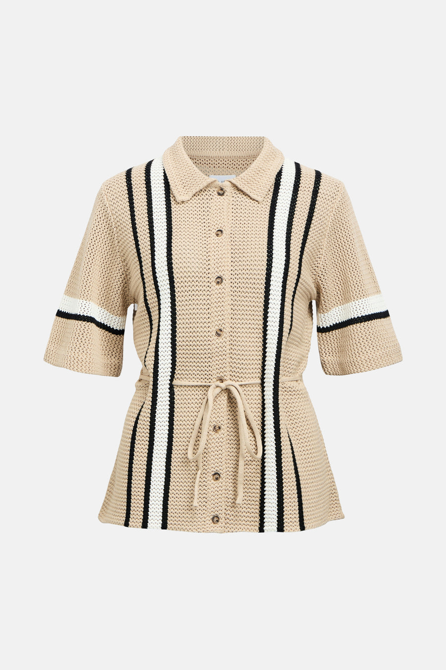 Chemise beige crochetée à manches courtes de OBJECT, avec des rayures verticales noires et blanches et une ceinture.