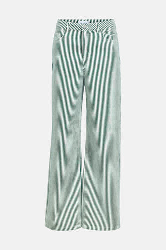Pantalon de saison vert pour femme 5 poches de OBJECT, avec rayures verticales et jambes larges.