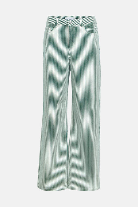 Pantalon de saison vert pour femme 5 poches de OBJECT, avec rayures verticales et jambes larges.