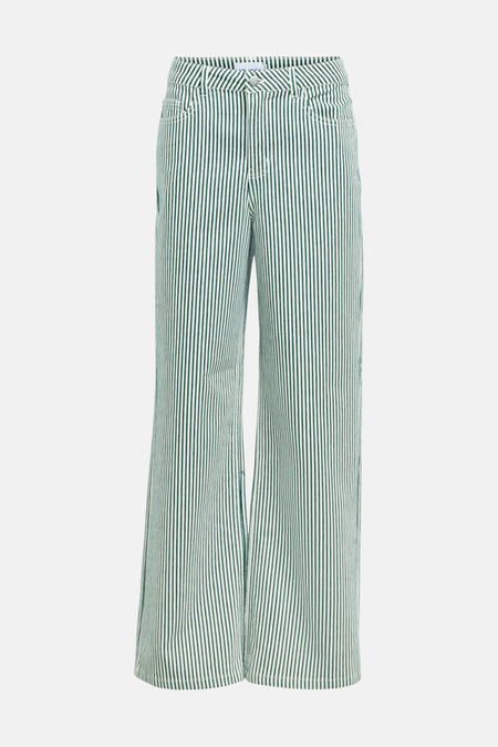 Pantalon de saison vert pour femme 5 poches de OBJECT, avec rayures verticales et jambes larges.