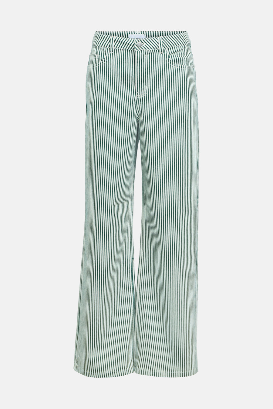 Pantalon de saison vert pour femme 5 poches de OBJECT, avec rayures verticales et jambes larges.
