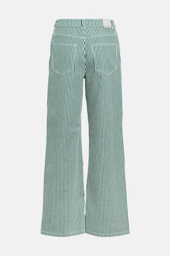Pantalon de saison vert à cinq poches de OBJECT, avec des rayures blanches verticales et des jambes larges.