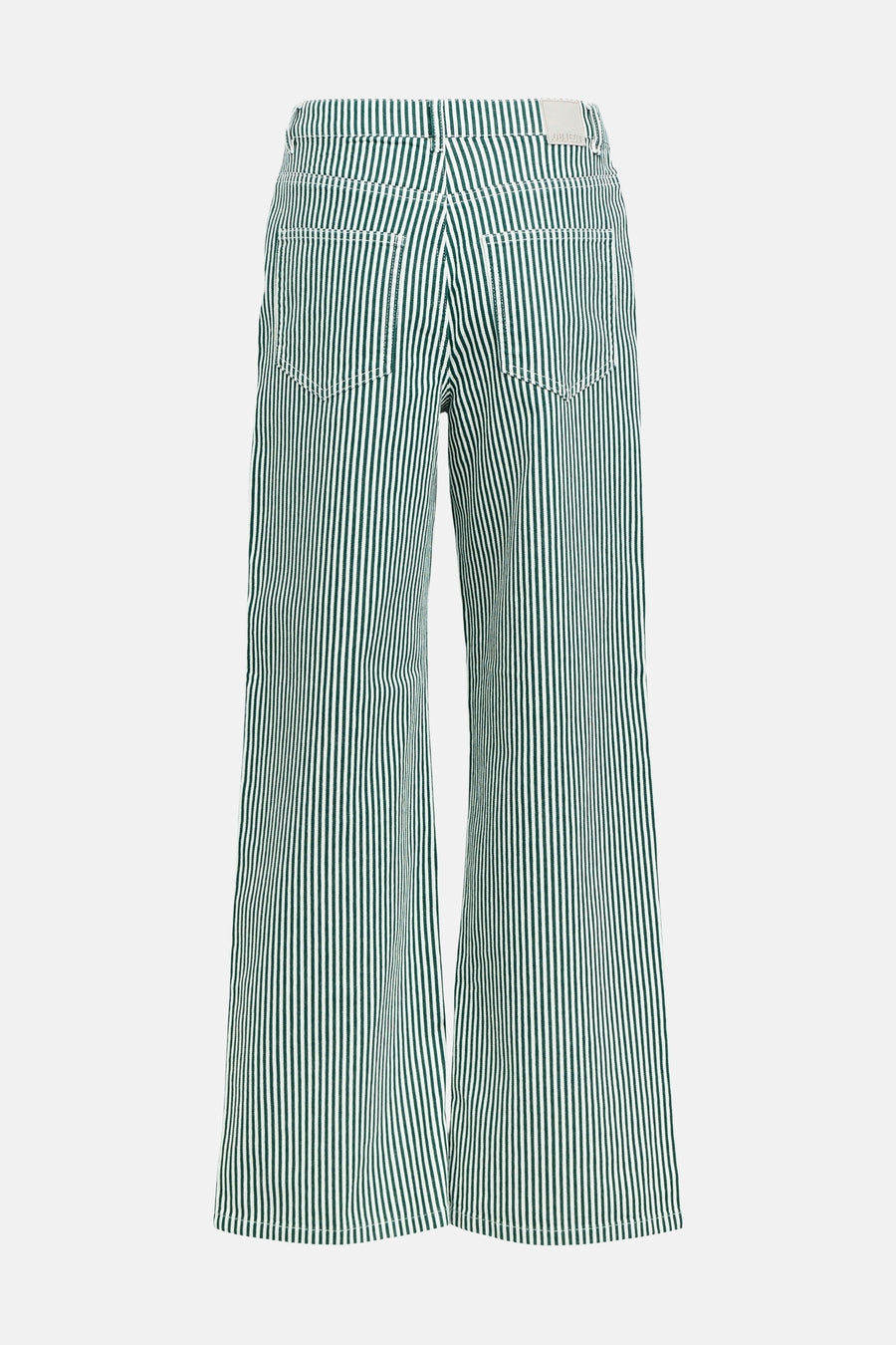Pantalon de saison vert à cinq poches de OBJECT, avec des rayures blanches verticales et des jambes larges.