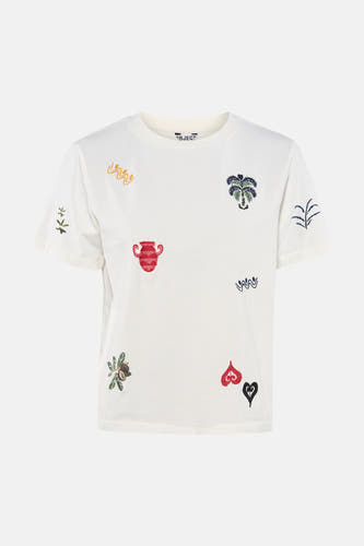 T-shirt de couleur crème de OBJECT avec des symboles multicolores brodés tels qu'un palmier, un vase et des cœurs.