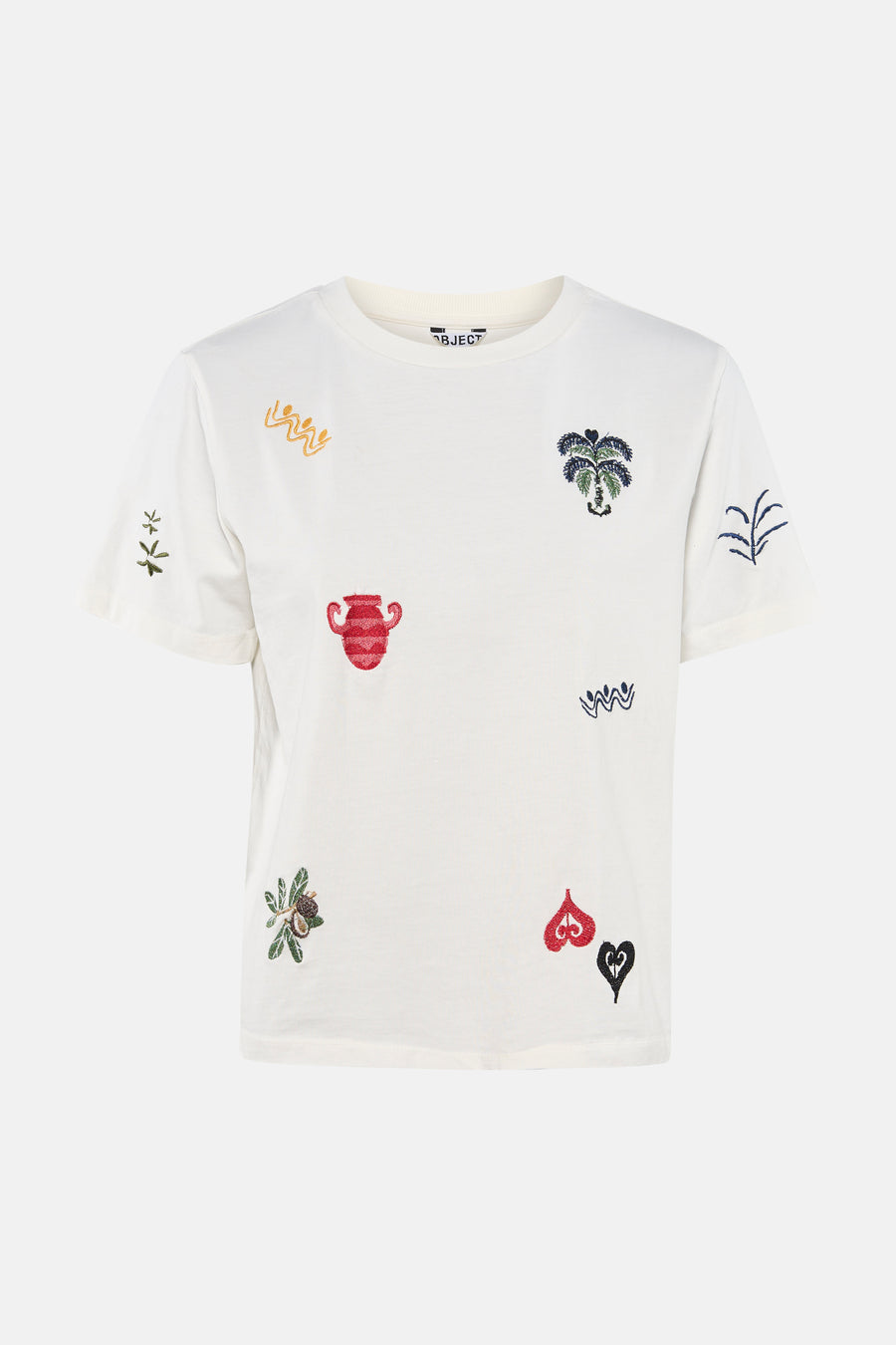 T-shirt de couleur crème de OBJECT avec des symboles multicolores brodés tels qu'un palmier, un vase et des cœurs.