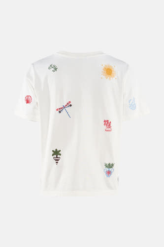T-shirt multicolore OBJECT en blanc avec motifs brodés de soleil, libellule, coquillage et plantes au dos.
