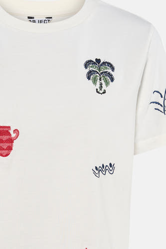 T-shirt de couleur crème avec broderies de OBJECT, avec un palmier, une canette rouge et des motifs ondulés bleus.