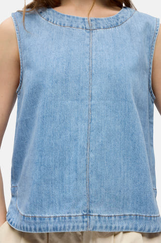 Chemisier sans manches en denim bleu clair de OBJECT avec encolure bateau, surpiqûres marron et couture centrale.