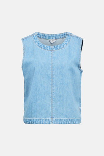 Chemisier sans manches en jean bleu clair de OBJECT avec col rond et coutures apparentes sur fond uni.